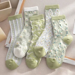 Fashion Green Color Socks Women Flower Embroidery Harajuku Retro Streetwear Woman Socks Japanese Korean Style Vintage Long Socks