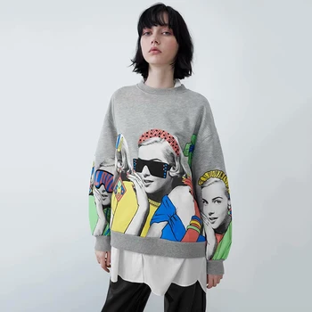 

New ZA Girl Print Sweatshirt Women Trendy Round Collar Puffy Long Sleeve Contrast Stitching Decoration Sweatshirt Wholesale