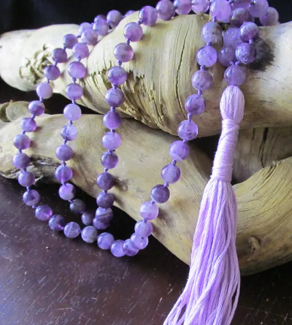 108 бусы мала ожерелье с узелками Фиолетовый кварц бусы мала Цепочки и ожерелья ожерелье с кисточками молитва йоги ювелирные изделия для медитации