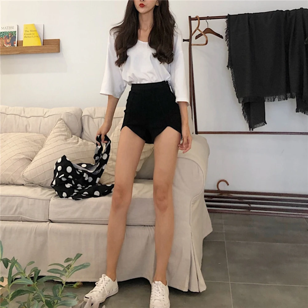 Women Slim High Waist Jeans Summer Irregular Denim Shorts Tight Side Zipper