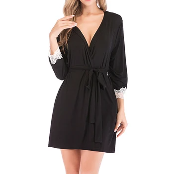 

Loose Fit With Pocket Smooth 3/4 SLeeves Summer Soft Lace Fashion Women Robes V Neck Sexy Solid Loungewear Bathing