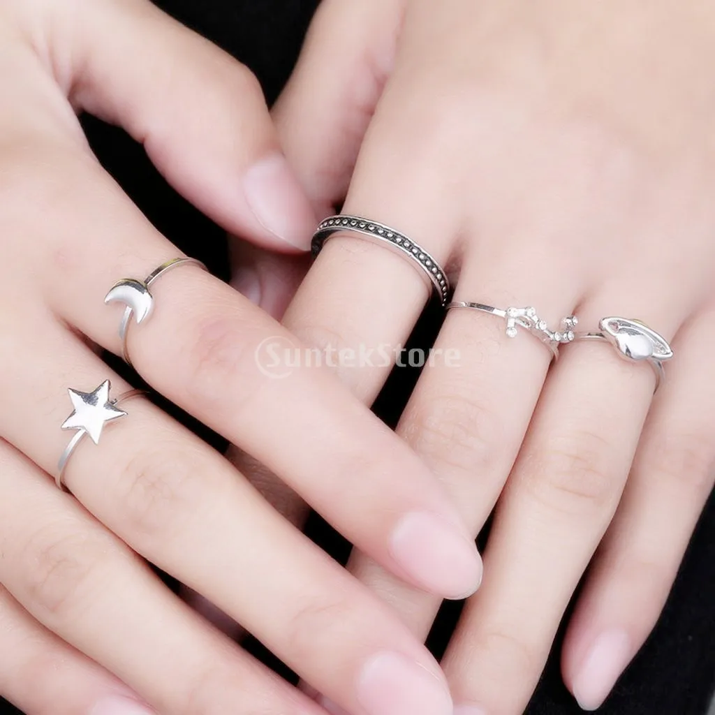 5 pcs Gothic Crystal Stack Above  Sun Moon Heart Midi Finger Ring Ancient silver color