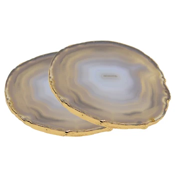 

2pcs Natural Agate Slices Gold Edge Geode Coaster Cup Mat DIY Jewelry Crafts
