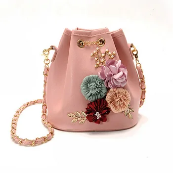 

2019 Handmade Flowers Bucket Bags Mini Shoulder Bags With Chain Drawstring Small Cross Body Bags Pearl Bags Leaves Decals