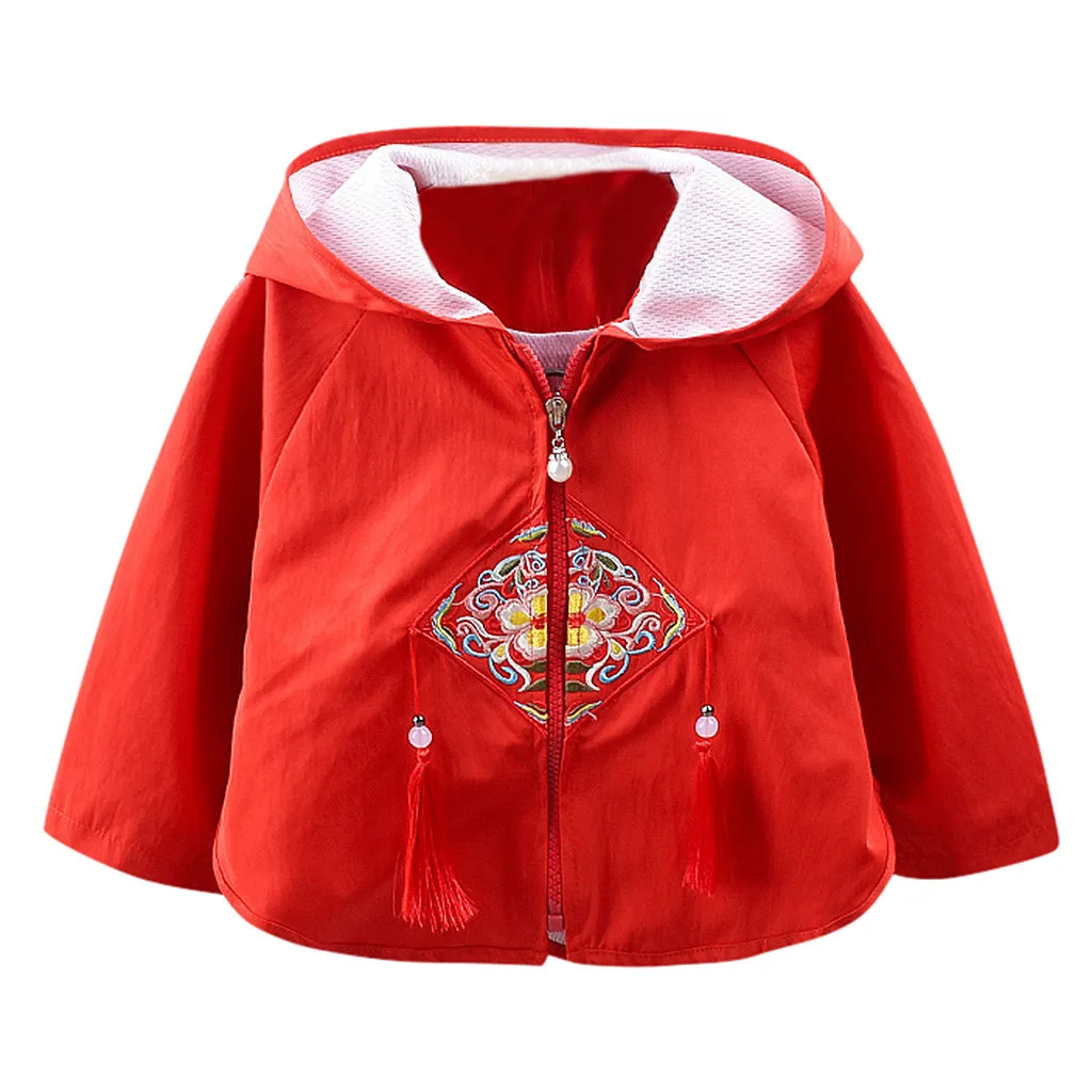 Осенняя верхняя одежда для малышей, пальто с цветочной вышивкой для маленьких девочек, модная верхняя одежда с капюшоном и кисточками, одежда с длинными рукавами, W1126 - Цвет: Red
