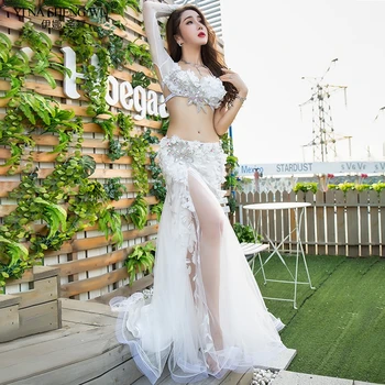 

Haute Couture Luxury Women Bra + Long Skirt 2 Piece Set Custom Made Oriental Belly Dance Stage Show Suits Competition White Set