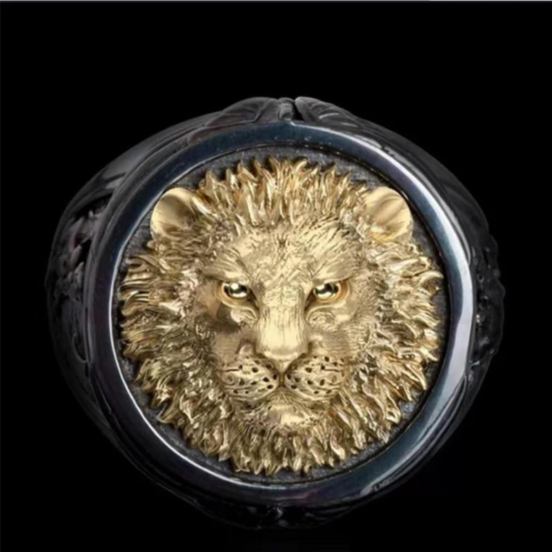 Male Signet Ring Vivid Big Gold Lion Head Black Ring Two-color Luxury Punk Angel And Devil