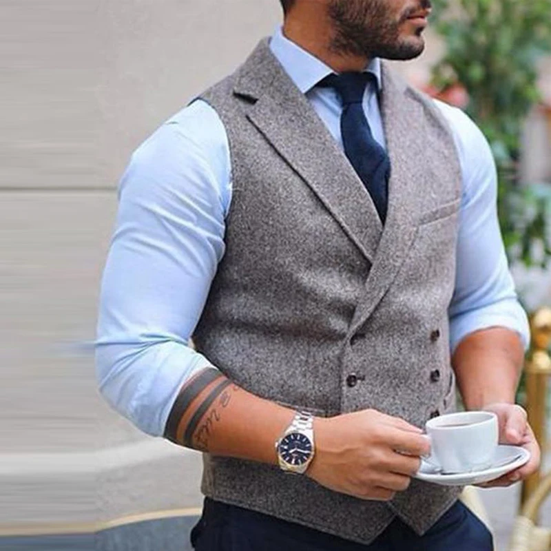 Rustic Groom Vests Attire For Wedding Groomsmen Double Breasted Herringbone Tweed Slim Fit Mens Suit Prom Waistcoat