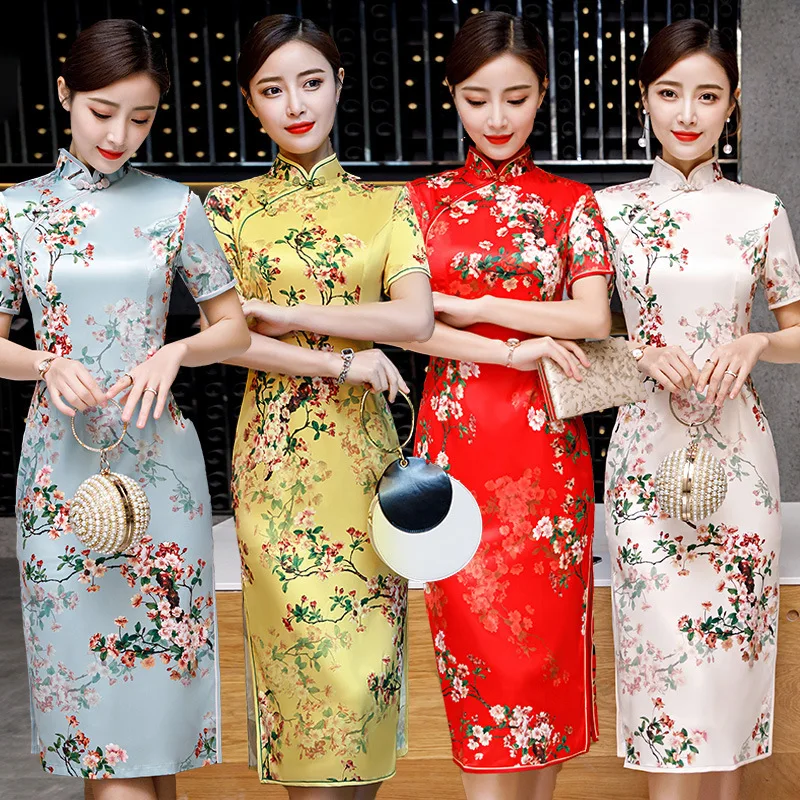 Sheng Coco 4 цвета желтый сексуальный тонкий классический Qipao новые цветы сливы Ципао для банкета китайское платье шелк плюс размер 4XL Винтаж Qi