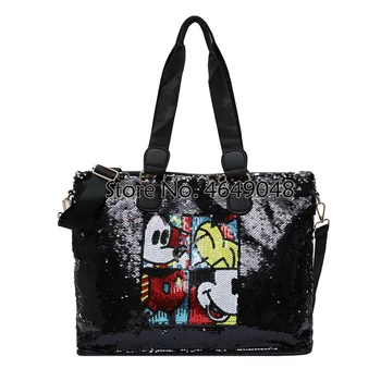 

Disney Mickey mouse shoulder bag female 2019 new handbag large-capacity soft Messenger bag sequin tote shopping bag