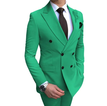 Green Новинка, повседневный мужской костюм, 2 предмета, двубортный, с отворотом, на плоской подошве, повседневный смокинг для свадьбы(Блейзер+ брюки - Цвет: Green