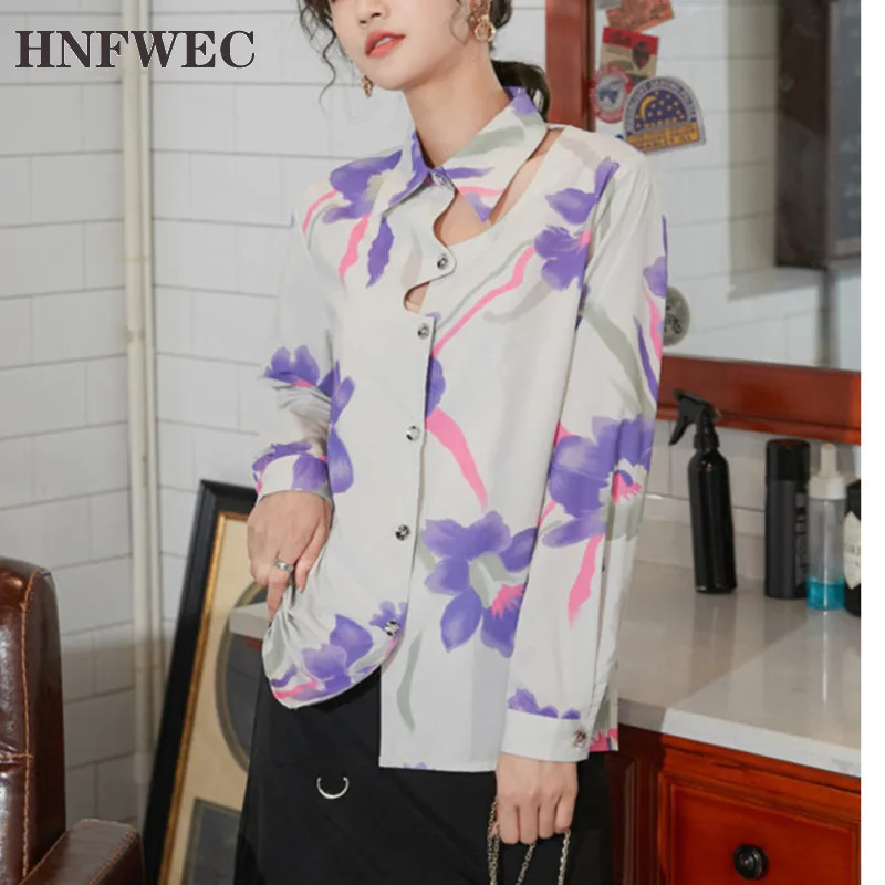 

Hollow Out Purple Floral Print Long Sleeve Blouse Women Fall 2020 Button Up Shirt Designer Ladies Top Korean Fashion V485