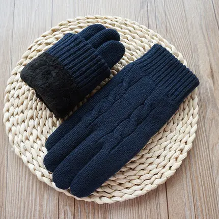 High Quality Fashion Men Touch Screen Gloves Male Velvet Thick Winter Knitted Warm Wool Gloves outdoor Driving Mittens - Цвет: Navy blue