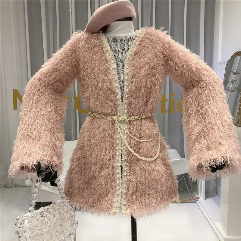 ALPHALMODA зима новое женское плюшевое меховое пальто с кисточками жемчужное Полосатое пальто с воротником с подкладкой толстое теплое женское модное пальто