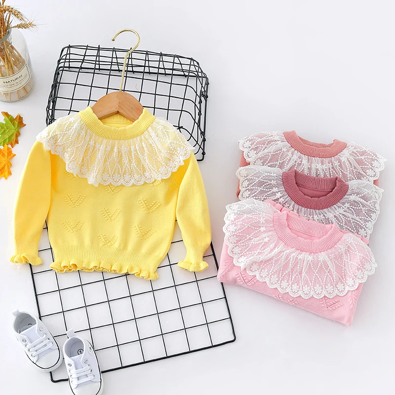 Automne Hiver Toddler Baby Girl Lace Collar Ruffled Solid Knitted Sweater