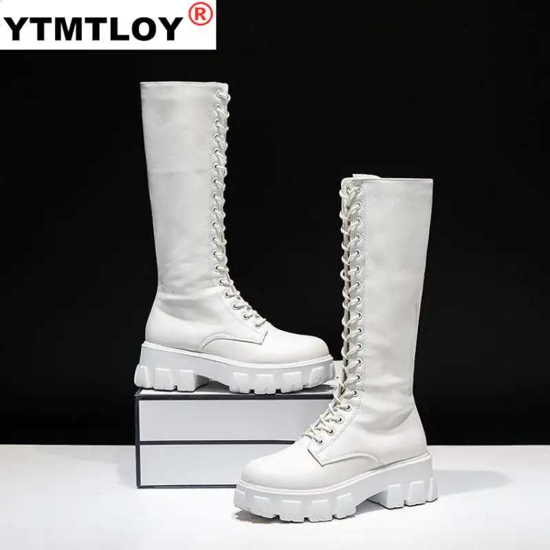 Fashion Women Cross Strap PU Leather Boots Autumn Winter Knee High Boots Ladies Thick Sole Platform Botas Mujer Mid calf White