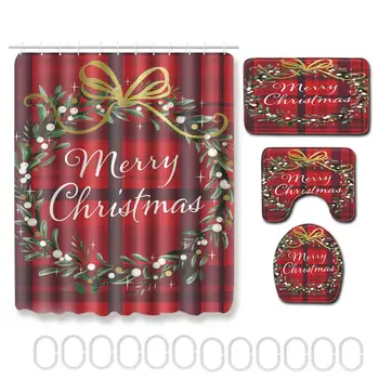 

Merry Christmas Shower Curtain Bathroom Set Bath Curtains Non Slip Pedestal Rug Lid Toilet Cover Floor Bath Mat Set Decoration