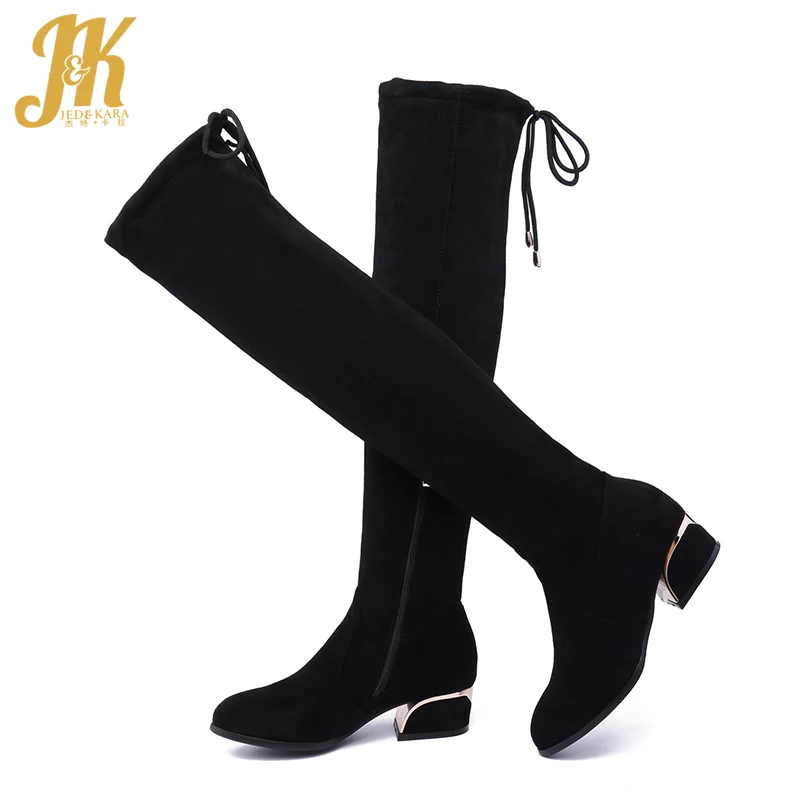 

JK Over The Knee Boots Women Stretch Flock Boot Ladies Round Toe Thick Heels Shoes Zip Cross Tied Shoes Female Winter 2020 New