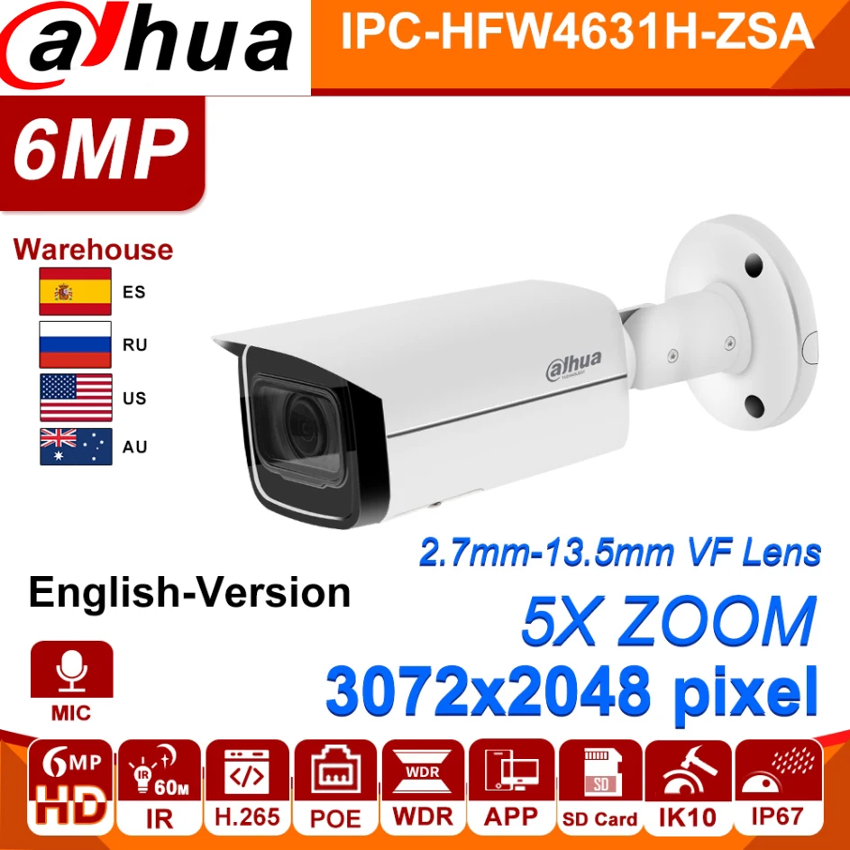Dahua IP Camera 6MP IPC-HFW4631H-ZSA 2.7~13.5mm 5X Zoom VF Lens Upgrade from IPC-HFW4431R-Z Built-in MiC Audio SD Card PoE Onvif