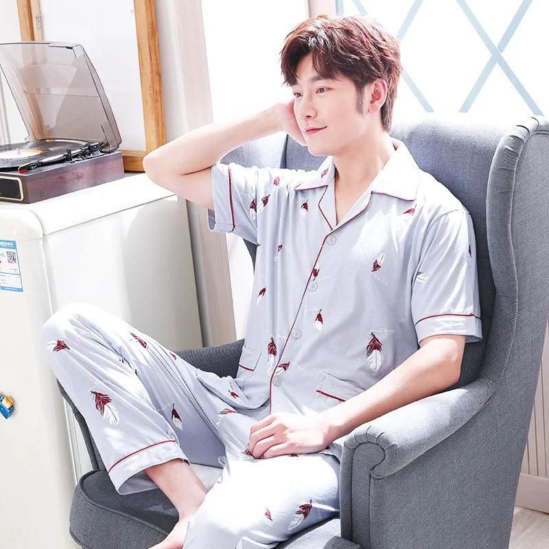 

2019 New Style (Not Balling Up Series) Pajamas MEN'S Short Sleeve Spring And Autumn Thin 160 Grams 65/35 Cotton Cardigan Suit