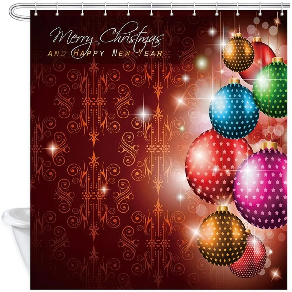 

Занавеска для душа с рождественскими шариками, Сияющий Рождественский шар и классический текстурный узор на винно-красном, водонепроницае...