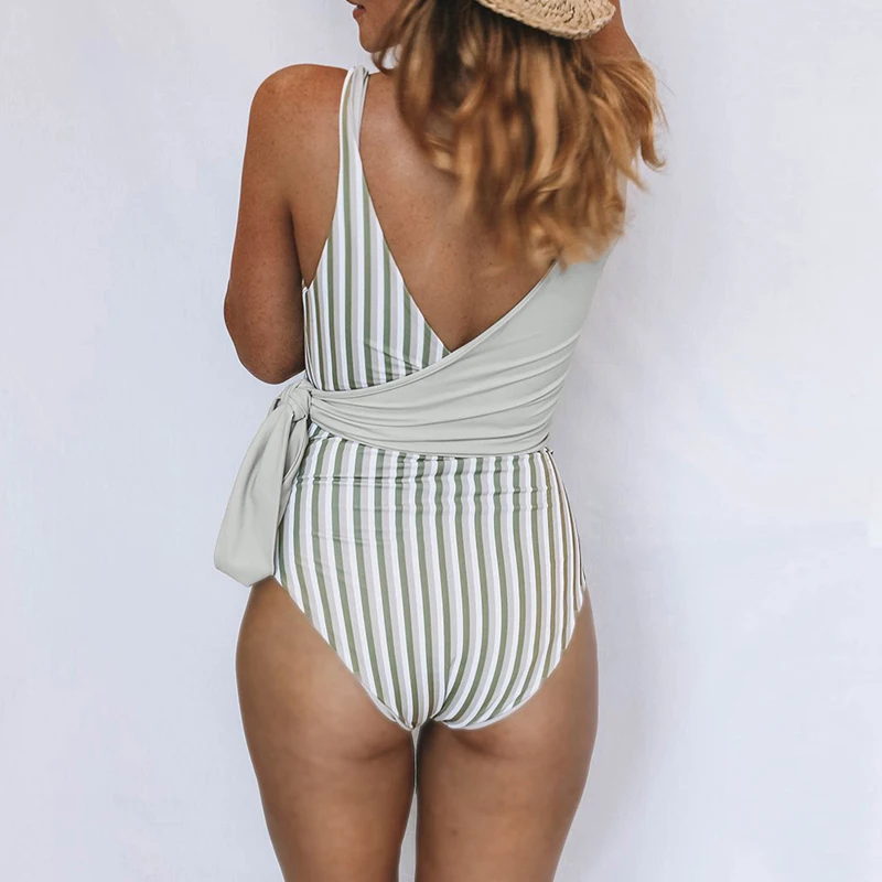 Plus Size Floral Brazilian One Piece Swimsuit Woman Bikini High Cut Striped Bandage Swimwear Thong Backless Monokini Beachwear