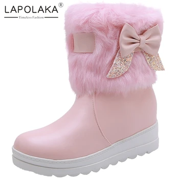 

Lapolaka Fashion New 2020 Large Size 30-42 Sweet Bowtie Increasing Heels Mid Calf Boots Woman Shoes Platform Warm Winter Boots