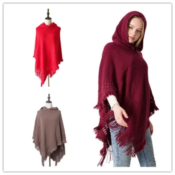 

Women Winter Hat and Scarf set Knitted Red Navy Solid Color pashmina Quaste For Elegant Women