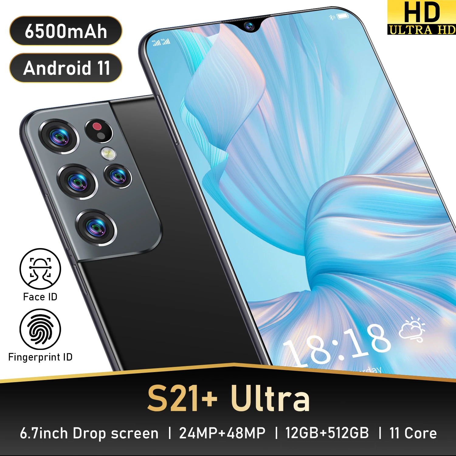 Global Version S21+ Ultra 12+512GB Smartphone Android 11 6500mAh Full Screen Support Face ID 6.7 Inch 4G 5G Network Mobilephone