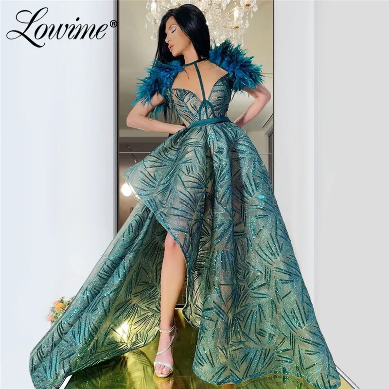 

High Low Green Prom Dresses Feather Couture African Party Dress 2020 Saudi Arabic Vestido De Festa Evening Gowns For Weddings