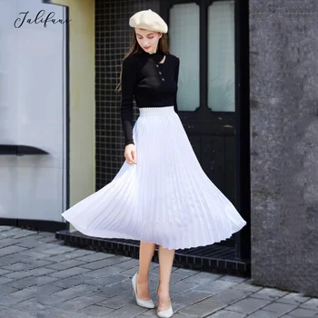 

2020 Spring Hot Women Long Skirts Fashion A-Line Vintage Pleated Skirts Ladies Casual Empire Waist Midi Skirt Faldas Mujer Saias