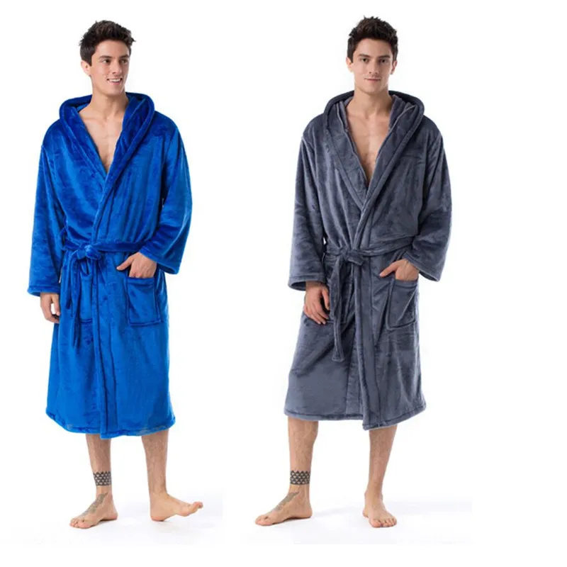 Повседневные мужские халаты размера плюс, фланелевый Халат с капюшоном и длинным рукавом, мужские халаты, плюшевое теплое кимоно, мужской халат
