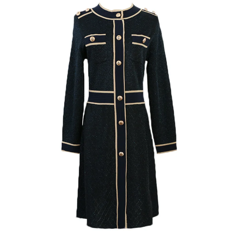 

Autumn Winter Socialite Slim Navy Blue Runway Dress Elegant Long Sleeves Button Contrasting Stripes Debutante Dresses