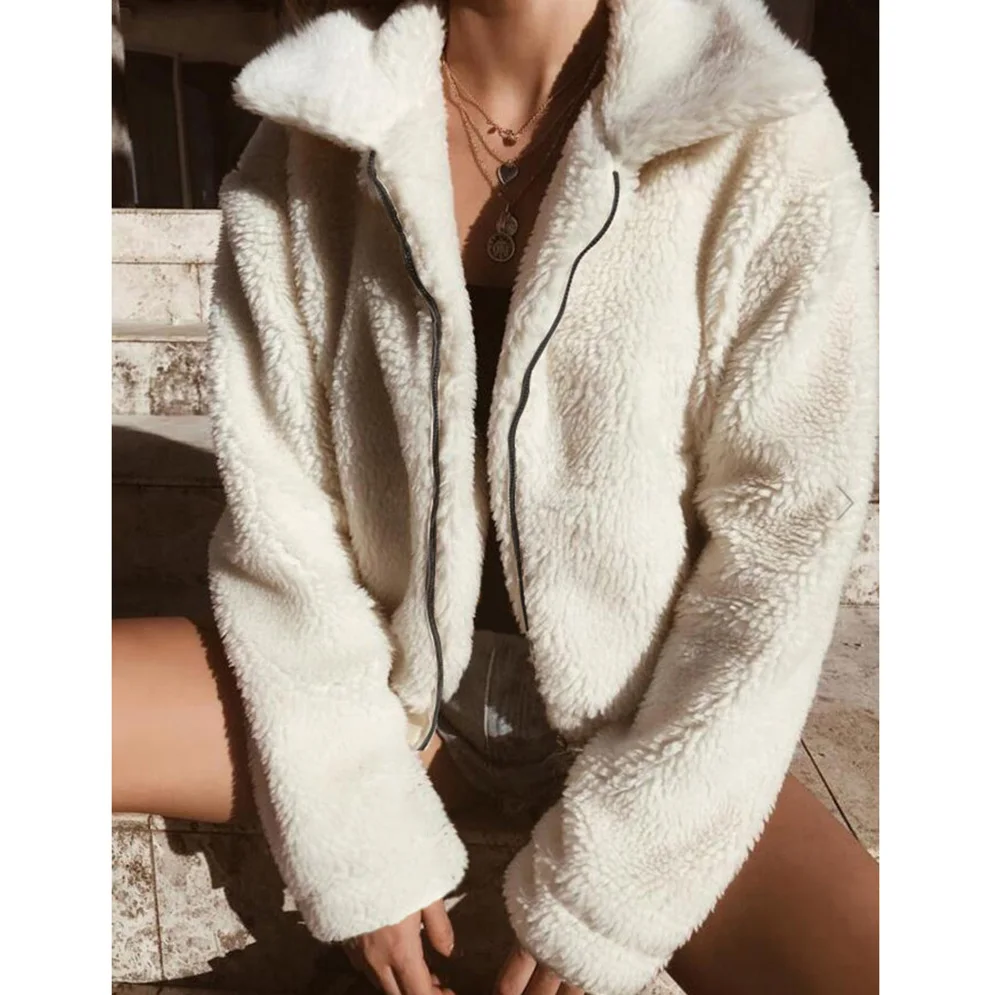 Silver Zipper Lapel Sweatshirt Fleece Fur Coat Women Autumn Winter Warm Soft Jacket Thick Plush Fur Coat Short Top Outerwear