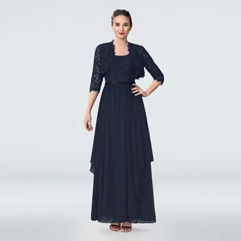 

Gorgeous Dark Navy Two Pieces Lace Mother of the Groom Dresses With Jacket Scoop Neckline Wedding Party Gowns Sleeveless
