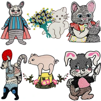 

Cat Pig Rabbit Animal Patches Flower Applique DIY Sew on Clothes Applique Embroidered Accessories 2pc TH2171