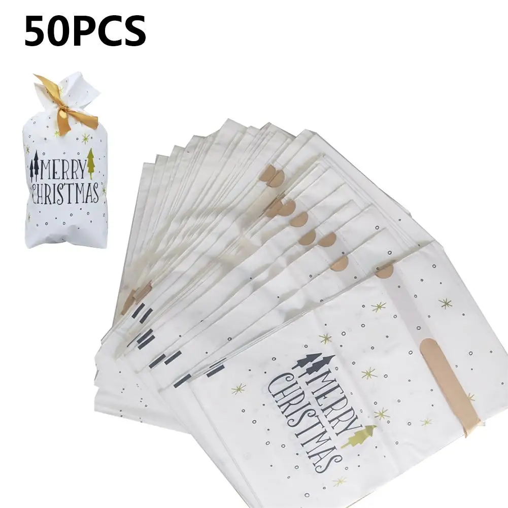 

50pcs Christmas Candy Bag With Ribbon With Christmas Element Pattern EVA Material For Christmas Decoration