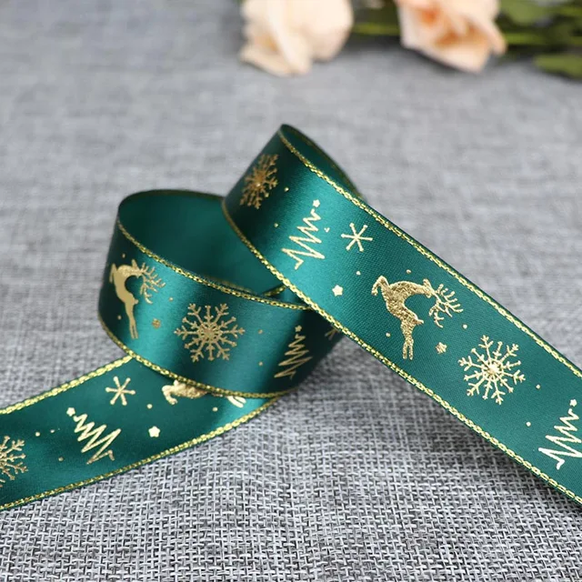5 Yards 25mm Bronzing Christmas Ribbon Printed Polyester Ribbon For Christmas Decoration Gift Wrapping DIY Sewing Fabric E2