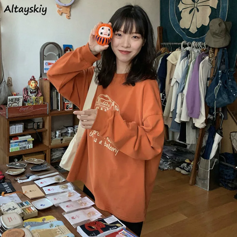 

Sweatshirt Women Print O-Neck Harajuku Korean Style All-match Chic Casual Soft Orange Lady Hoodies Fall 2020 New Teens Clothes