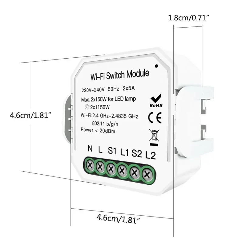 

2 Gang 2 Way Wifi Smart Light Switch Diy Relay Module Mini Wall Socket Outlet