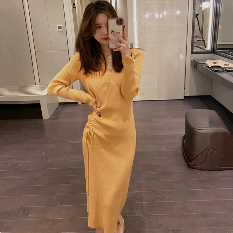 

Winter Women's Knitted Sweater Dress Yellow 2020 New Korean Long V-Neck Drawstring Folds Elegant Ladies
