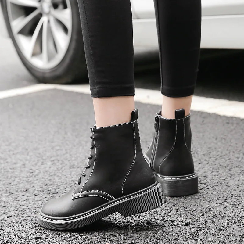 

Ankle Round Toe Med Women Boots Fashion Solid Punk Motorcycle Boots Casual Lace Up Shoes