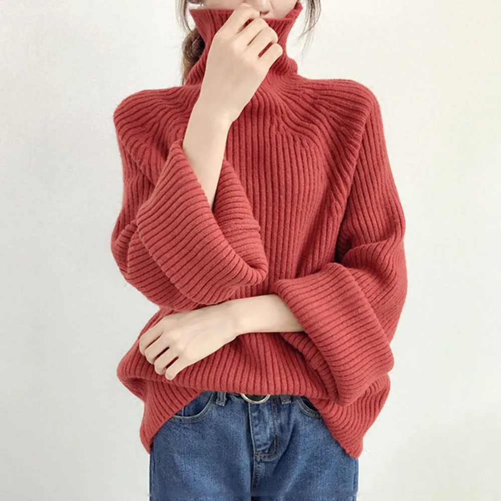 

Fall 2019 Female High Collar Harajuku Sweaters Loose Lazy Korean Style Thick Pullover Sweaters Solid Color Winter Warm Sweaters