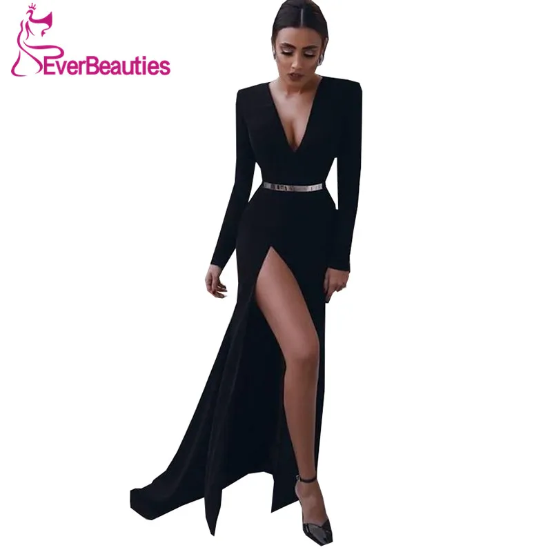 

Robe De Soiree Mermaid Evening Dresses 2020 Long Sleeves V-Neck Evening Gown Satin Abiye Sexy Side Slit Vestido De Festa