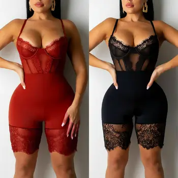 

2020 Sexy Women Lace Sheer Bodycon Corset Jumpsuit Romper Shorts Keep Slim Shapewear Sleepwear