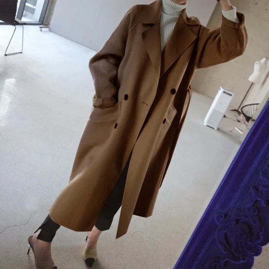 Шерстяное пальто новое осенне-зимнее женское с длинным рукавом в Корейском стиле Харадзюку двубортное длинное шерстяное пальто с карманом
