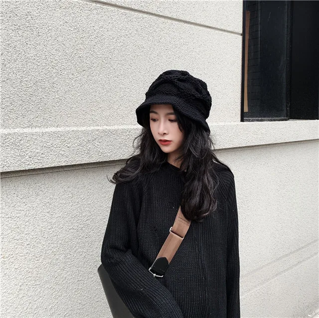 SHENGPALAE New Fashion Autumn Solid Twisted Knit Hat Women Casual Tide Elastic High Street Korean Version Hat Female A131