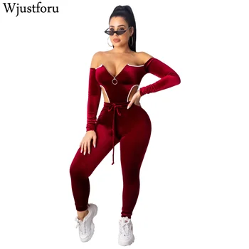 

Wjustforu Sexy Velvet Sport Tracksuit Women Off Shoulder Fashion Jumpsuit + Pencil Pants Female Autumn Casual Two Piece Set Slim