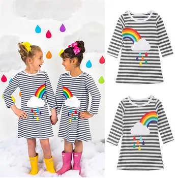 

Sisters Twins Girls Princess Dress Rainbow Clouds Print Baby Girl Birthday Party Clothes Long Sleeve Autumn Toddler Dress New