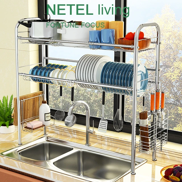 Over Sink Dish Drying Rack Drainer Shelf Stainless Steel Kitchen Cutlery  Holder